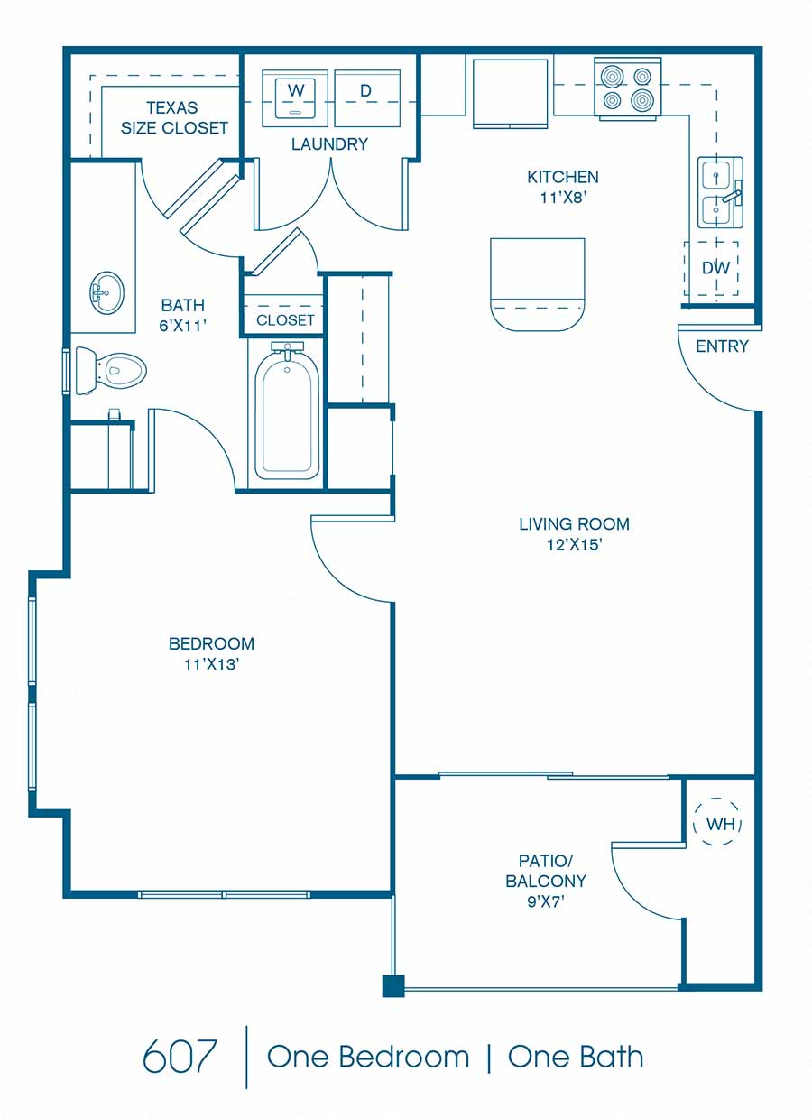 Floor plan for 1 bed, 1 bath, 607 sqft